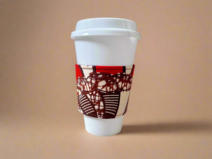 Ethnic, Fabric, Patterned, Reuseable, Eco - Friendly, Handmade Brown, Cream and Red Cup Sleeve - Gezia Accents