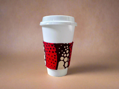 Ethnic, Fabric, Patterned, Reuseable, Eco - Friendly, Handmade Brown, Cream and Red Cup Sleeve - Gezia Accents