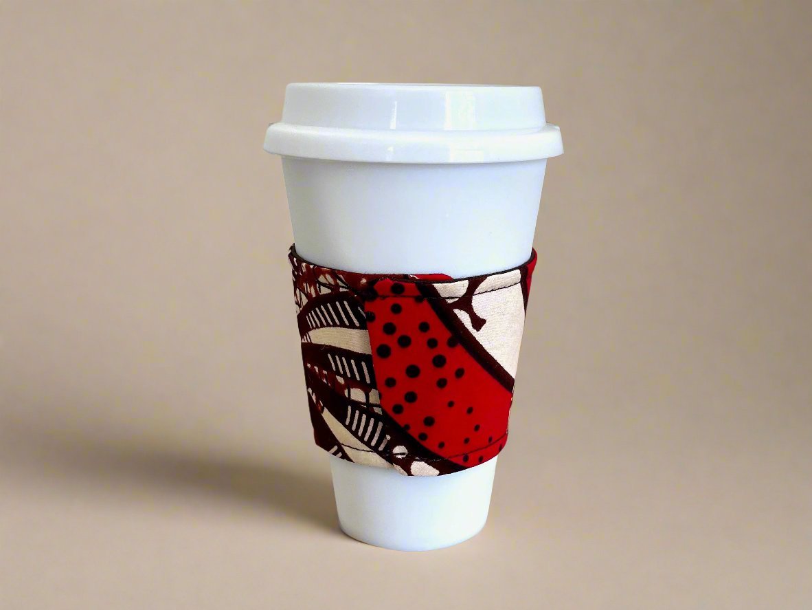 Ethnic, Fabric, Patterned, Reuseable, Eco - Friendly, Handmade Brown, Cream and Red Cup Sleeve - Gezia Accents