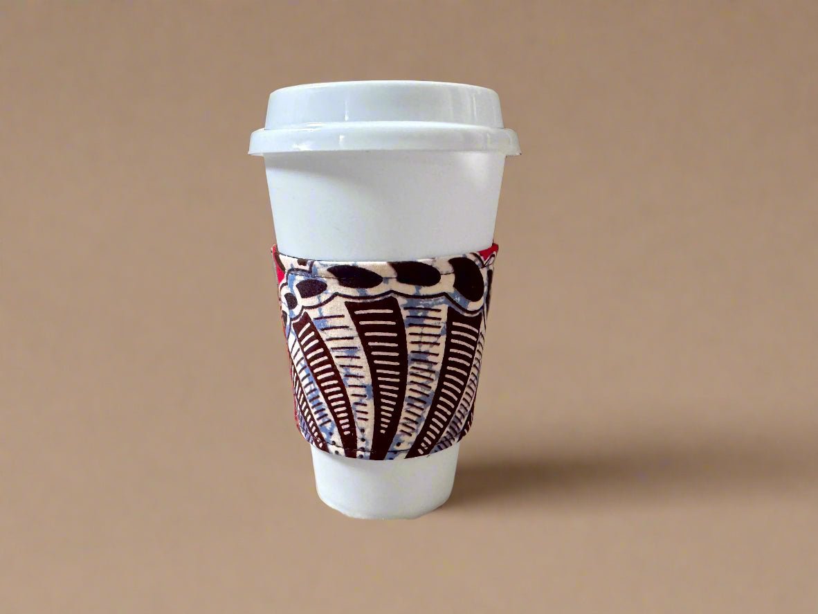 Ethnic, Fabric, Patterned, Reuseable, Eco - Friendly, Handmade Brown, Cream and Red Cup Sleeve - Gezia Accents