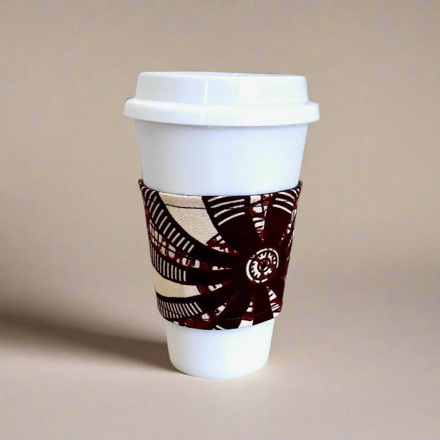 Ethnic, Fabric, Patterned, Reuseable, Eco - Friendly, Handmade Brown, Cream and Red Cup Sleeve - Gezia Accents