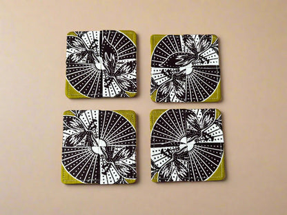 🌍 Handmade African Fabric Coasters – Set of 4 | Cultural Home Decor | Eco - Friendly Gift | Wax Print Drink Coasters 🎁🧉 - Gezia Accents
