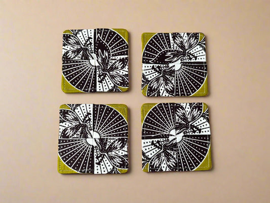 🌍 Handmade African Fabric Coasters – Set of 4 | Cultural Home Decor | Eco - Friendly Gift | Wax Print Drink Coasters 🎁🧉 - Gezia Accents