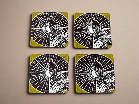 🌍 Handmade African Fabric Coasters – Set of 4 | Cultural Home Decor | Eco - Friendly Gift | Wax Print Drink Coasters 🎁🧉 - Gezia Accents