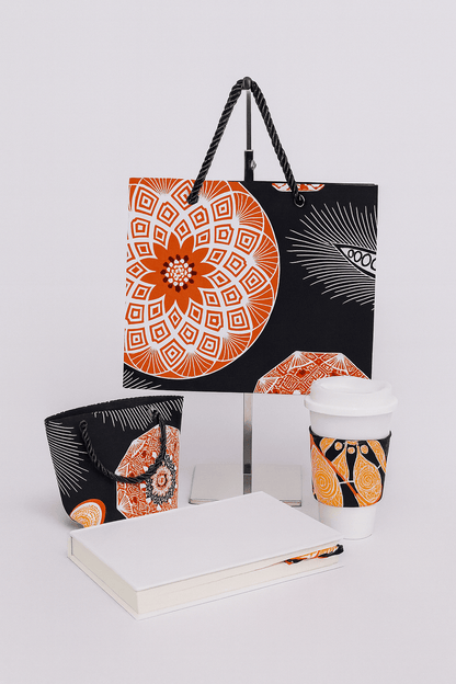 🖤 Handmade African Wax Print Small Gift Bag | Black, White & Orange Fabric Bag | Reusable Eco - Friendly Gift Wrap | Cultural Gift Idea 🎁🌍 - Gezia Accents