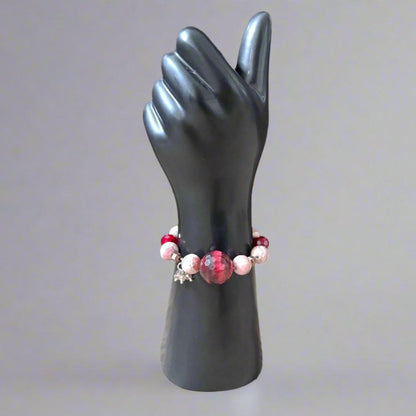 Handmade Bracelet with Red Quartz Focal Bead, Rhodochrosite, and Faceted Glass – Copper & Brass Accents - Gezia Accents