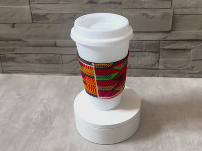 Ethnic, Fabric, Patterned, Handmade Orange, Red, Black, Green, White, and Yellow Cup Sleeve