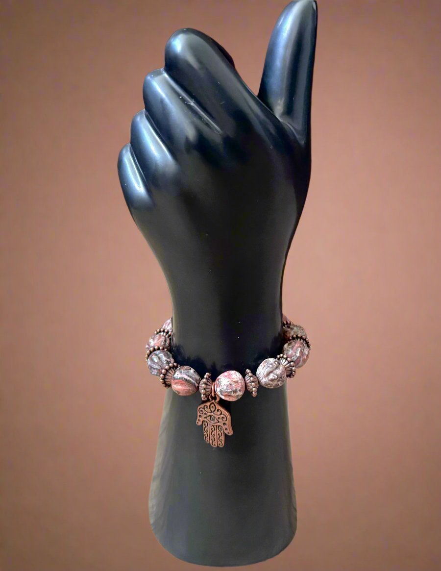 Unique Handmade Bracelet: Leopard Jasper Beads, Brass Spacers & Hand of Fatima Charm - Gezia Accents