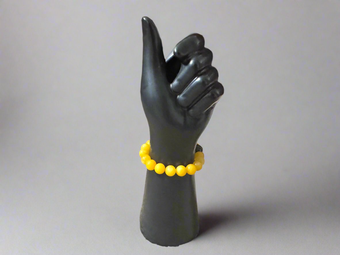 Yellow Jade & Cracked Agate Bracelet with Swarovski Crystals and Metal Spacers – Handmade on Elastic Cord - Gezia Accents