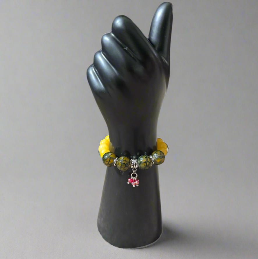 Yellow Jade & Cracked Agate Bracelet with Swarovski Crystals and Metal Spacers – Handmade on Elastic Cord - Gezia Accents