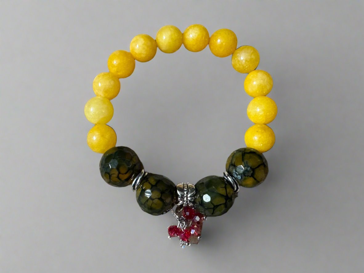 Yellow Jade & Cracked Agate Bracelet with Swarovski Crystals and Metal Spacers – Handmade on Elastic Cord - Gezia Accents