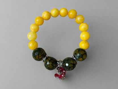 Yellow Jade & Cracked Agate Bracelet with Swarovski Crystals and Metal Spacers – Handmade on Elastic Cord - Gezia Accents