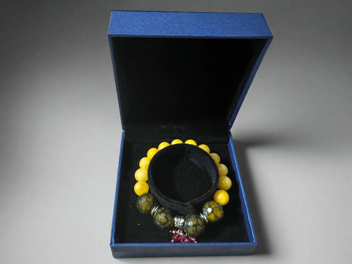 Yellow Jade & Cracked Agate Bracelet with Swarovski Crystals and Metal Spacers – Handmade on Elastic Cord - Gezia Accents